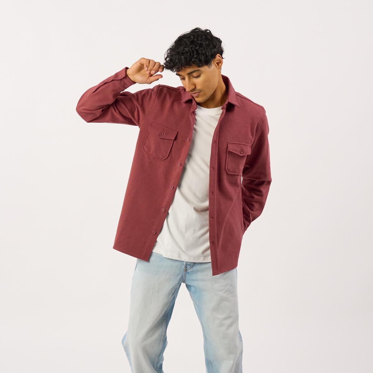 Kreukvrij gebreid overshirt - Bordeaux - Rood