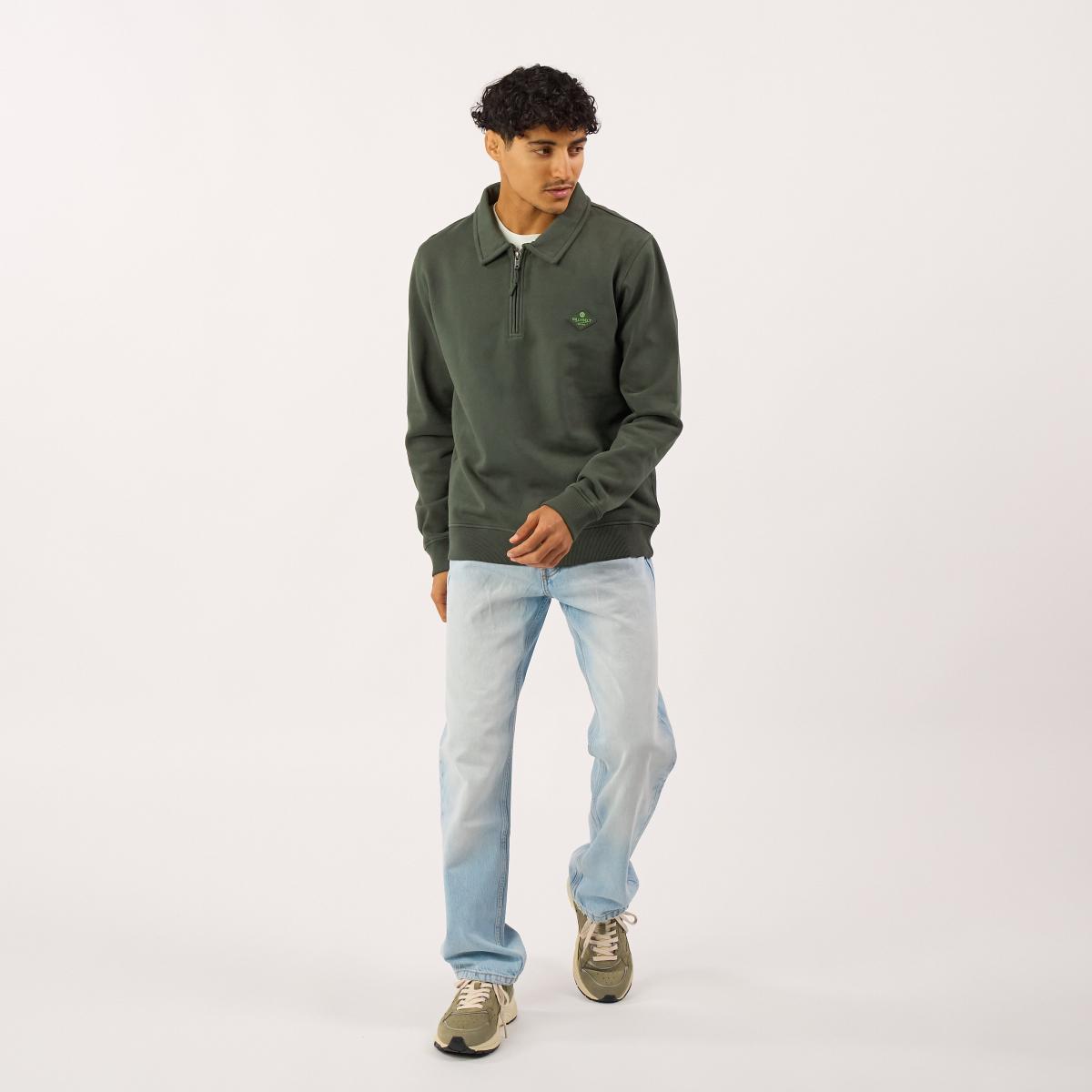 Sweater van biologisch katoen met ritskraag - Kaki - Groen