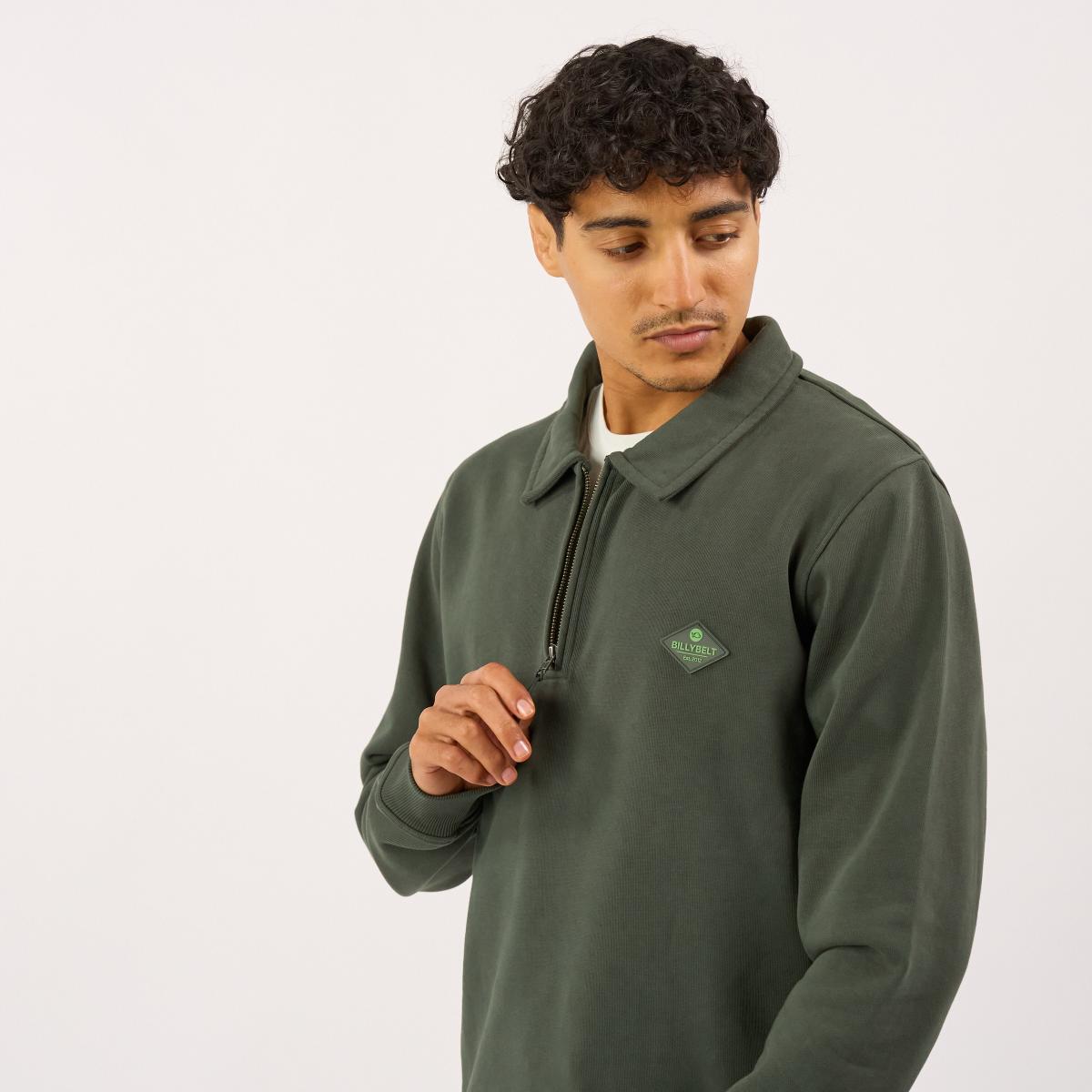 Sweater van biologisch katoen met ritskraag - Kaki - Groen