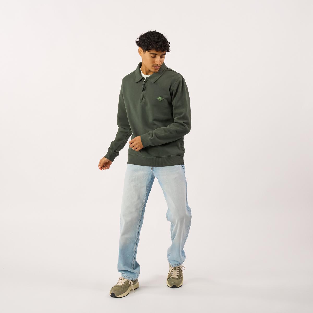 Sweater van biologisch katoen met ritskraag - Kaki - Groen