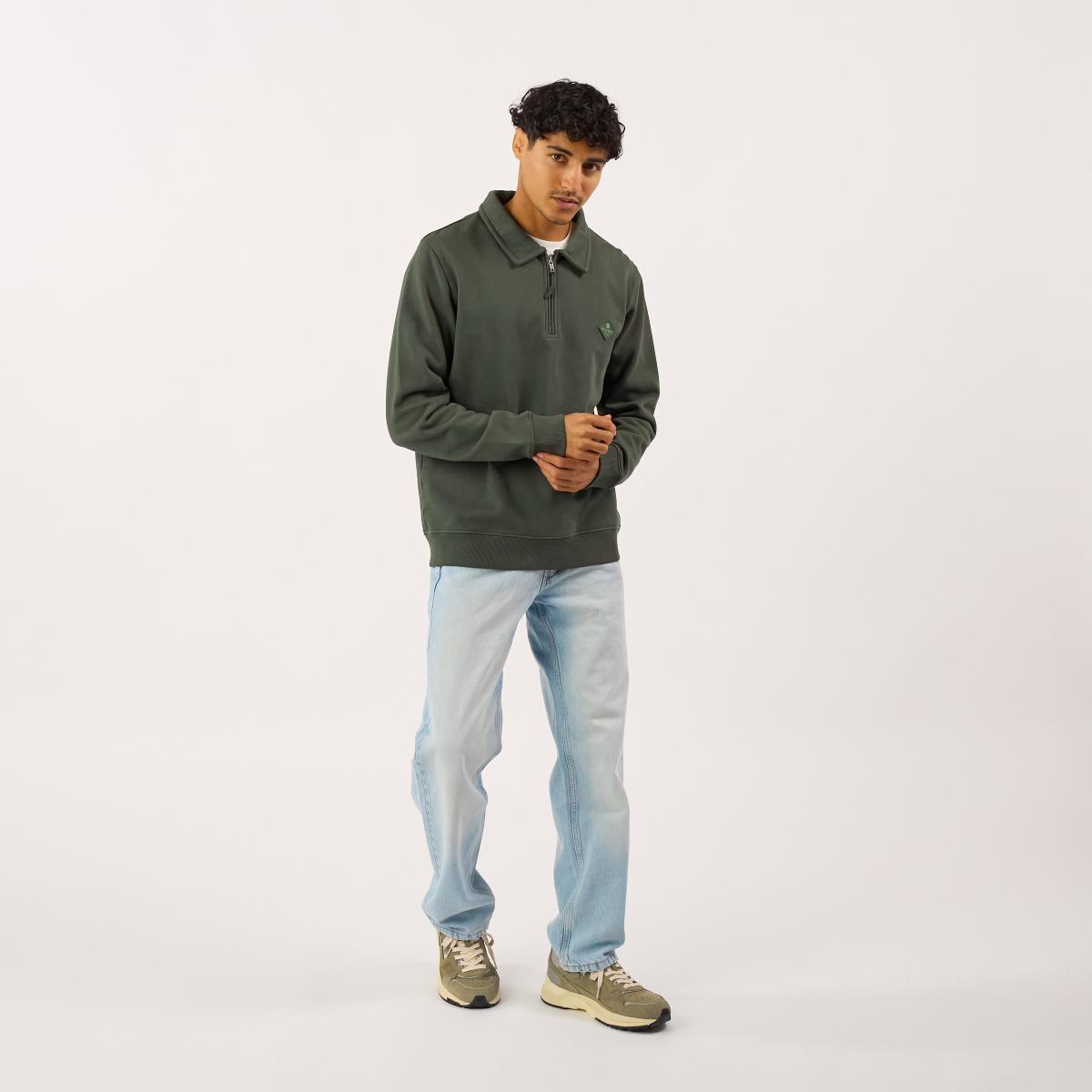 Sweater van biologisch katoen met ritskraag - Kaki - Groen