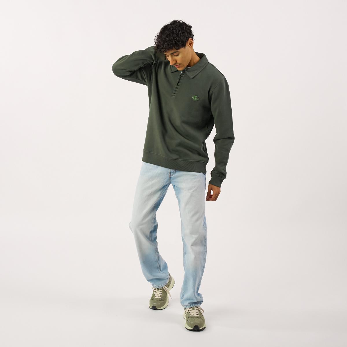 Sweater van biologisch katoen met ritskraag - Kaki - Groen