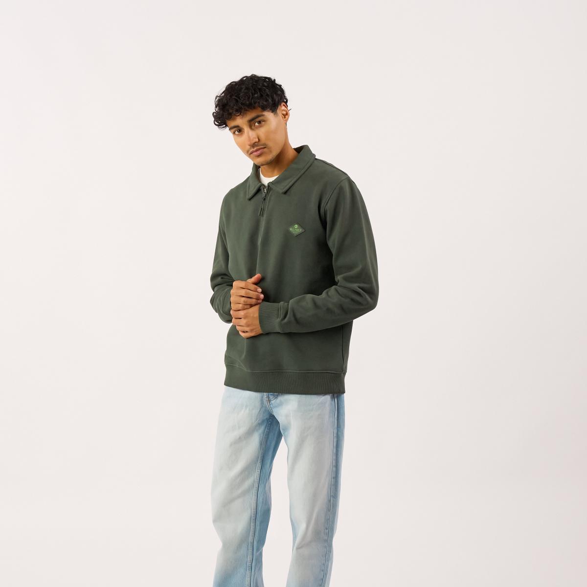 Sweater van biologisch katoen met ritskraag - Kaki - Groen