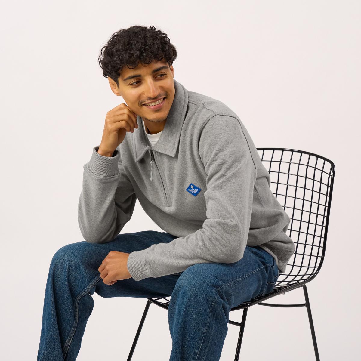 Sweater van biologisch katoen met ritskraag - Gemêleerd grijs