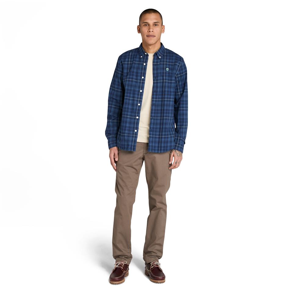 Stretch Poplin Check Shirt Peacoat Yd