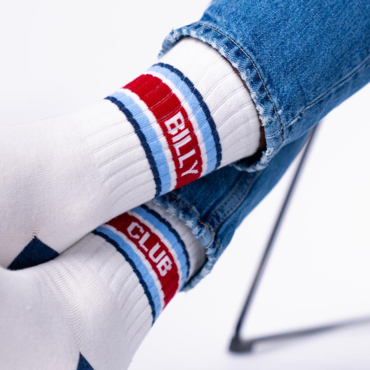 Chaussettes en coton peigné rétro - Blanc, rayé rouge et bleu