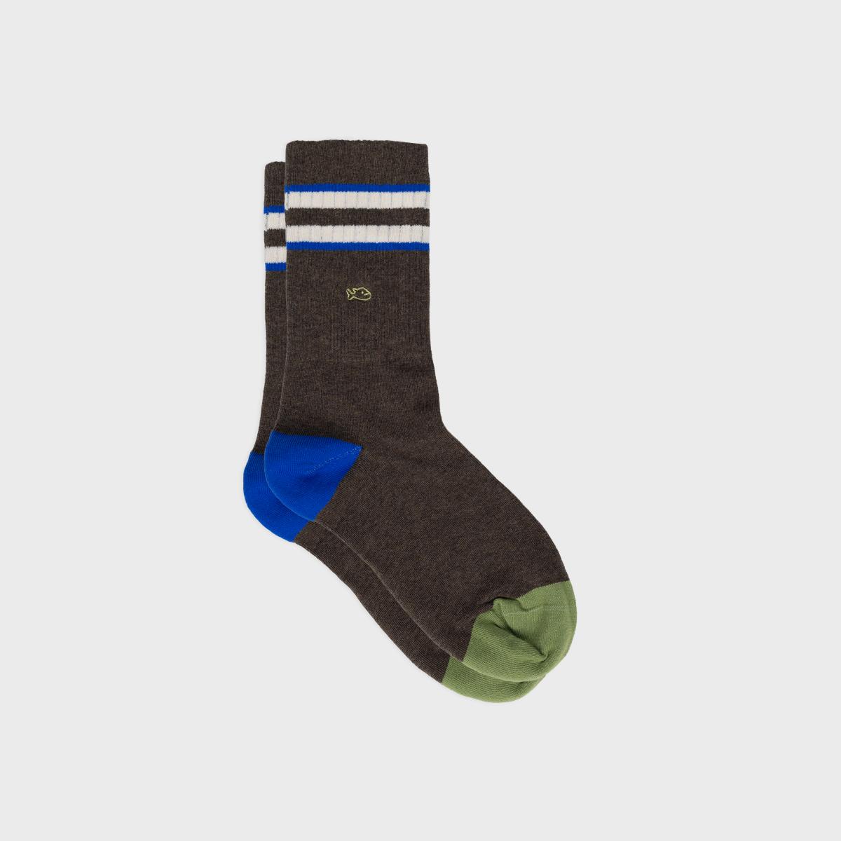 Retro sokken van gekamd katoen - Bruin, ivoor en blauw gestreept