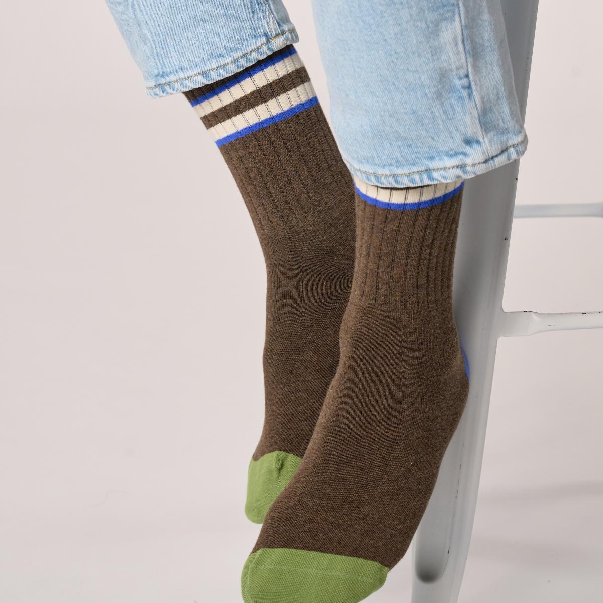 Retro sokken van gekamd katoen - Bruin, ivoor en blauw gestreept