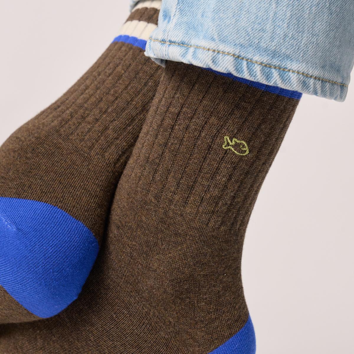 Retro sokken van gekamd katoen - Bruin, ivoor en blauw gestreept