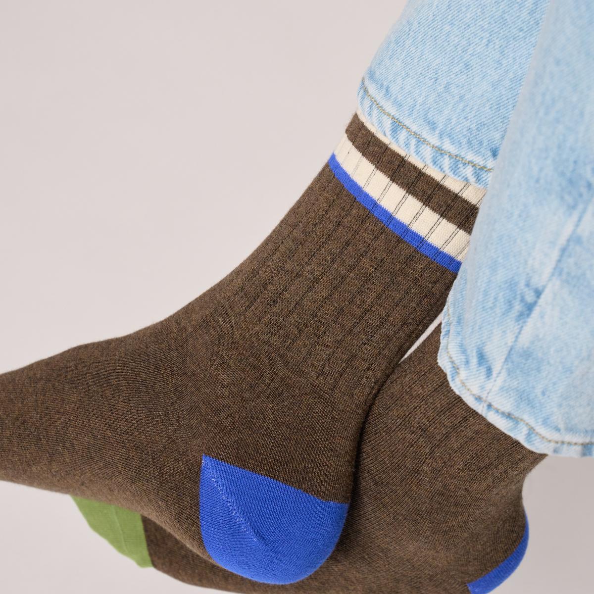 Retro sokken van gekamd katoen - Bruin, ivoor en blauw gestreept