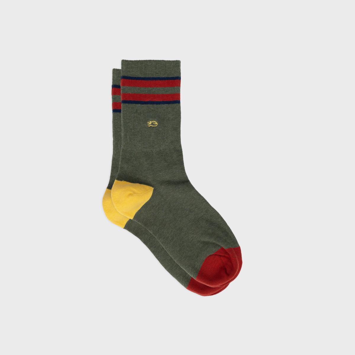 Retro sokken van gekamd katoen - Kaki, rood en marine gestreept - Groen