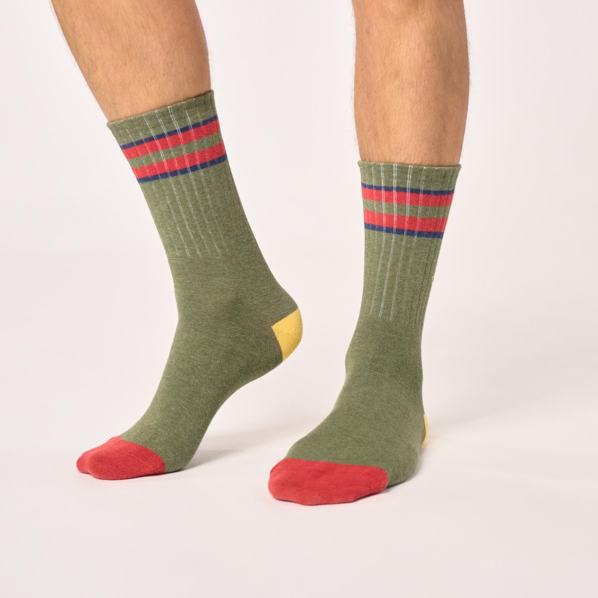 Retro sokken van gekamd katoen - Kaki, rood en marine gestreept - Groen