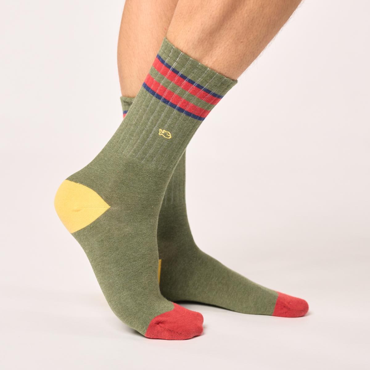 Retro sokken van gekamd katoen - Kaki, rood en marine gestreept - Groen