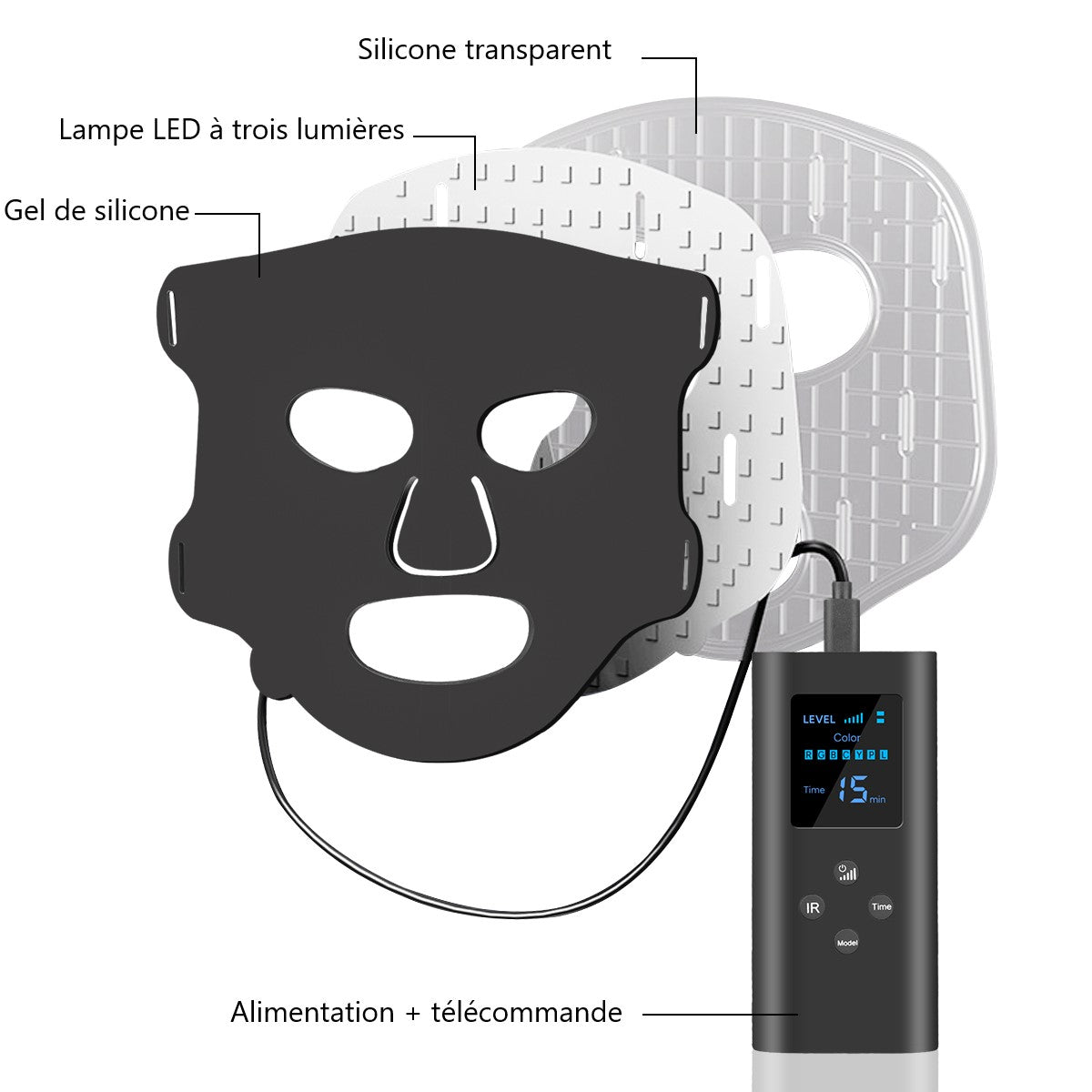 Led Gezichtsmasker Lichttherapie 7 Kleuren - Zwart