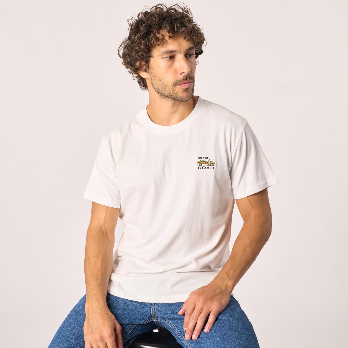 T-shirt van 100% biologisch katoen Roadtrip - Wit, Mehari-borduursel