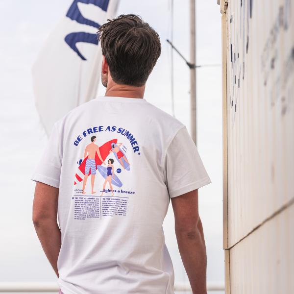 T-shirt en 100% coton bio vintage - Blanc, imprimé surfer