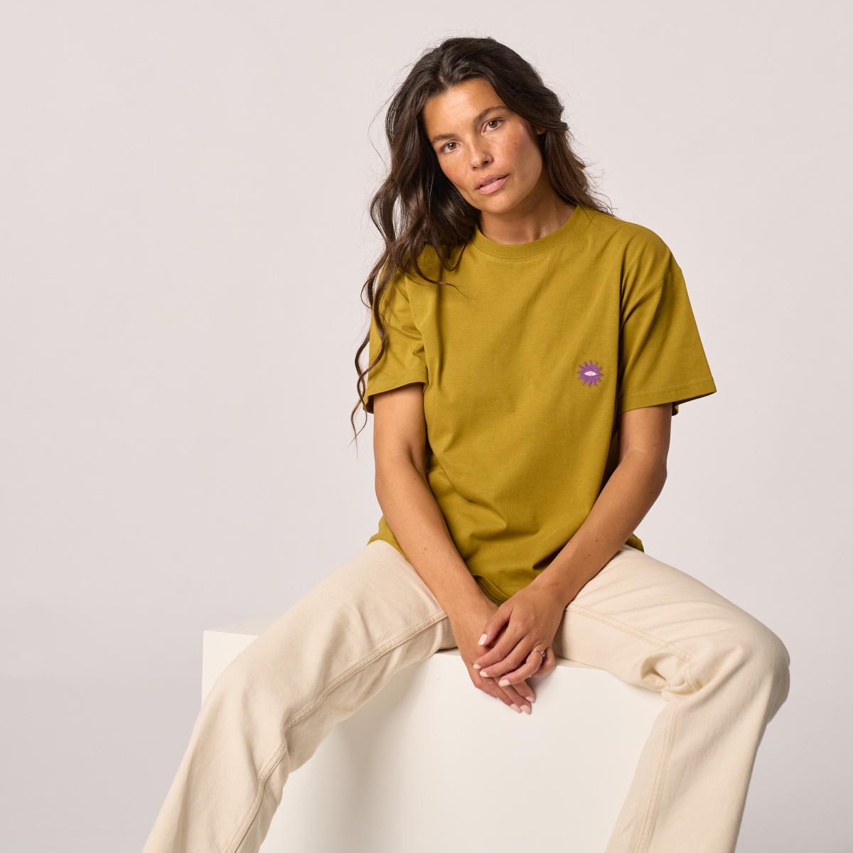 Dames-T-shirt van 100% biologisch katoen - Olijfgroen, zonneborduursel