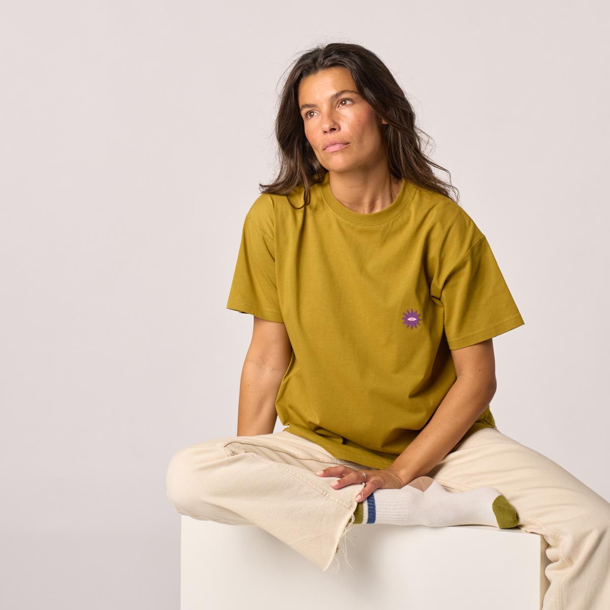 Dames-T-shirt van 100% biologisch katoen - Olijfgroen, zonneborduursel