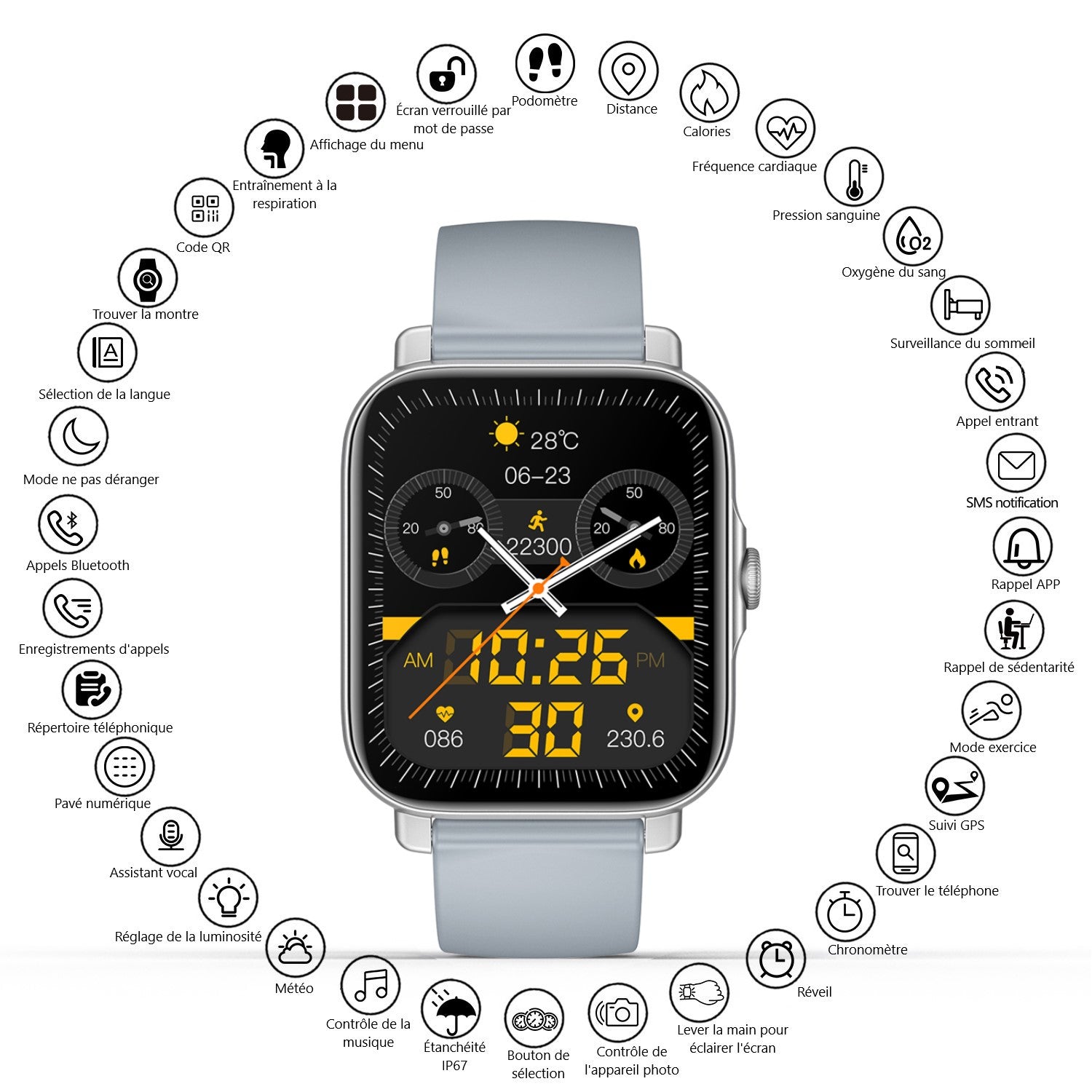 Multifunctioneel Horloge - Grijs