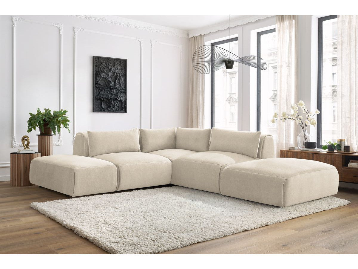 Canapé d'angle fixe modulable JEANNE tissu velours avec 2 chauffeuses, 1 angle et 2 poufs