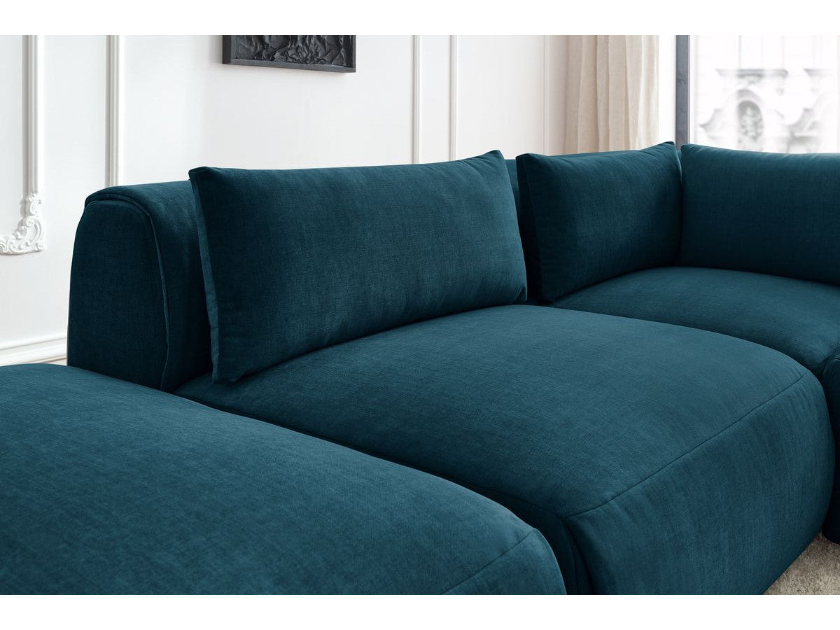Canapé d'angle fixe modulable JEANNE tissu velours avec 2 chauffeuses, 1 angle et 2 poufs