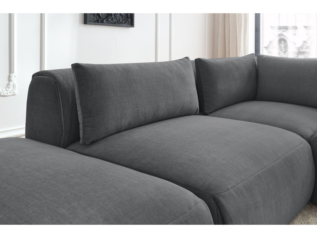 Canapé d'angle fixe modulable JEANNE tissu velours avec 2 chauffeuses, 1 angle et 2 poufs