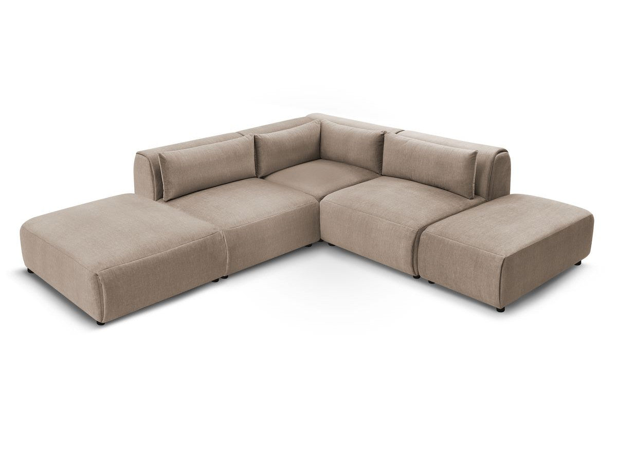 Canapé d'angle fixe modulable JEANNE tissu velours avec 2 chauffeuses, 1 angle et 2 poufs