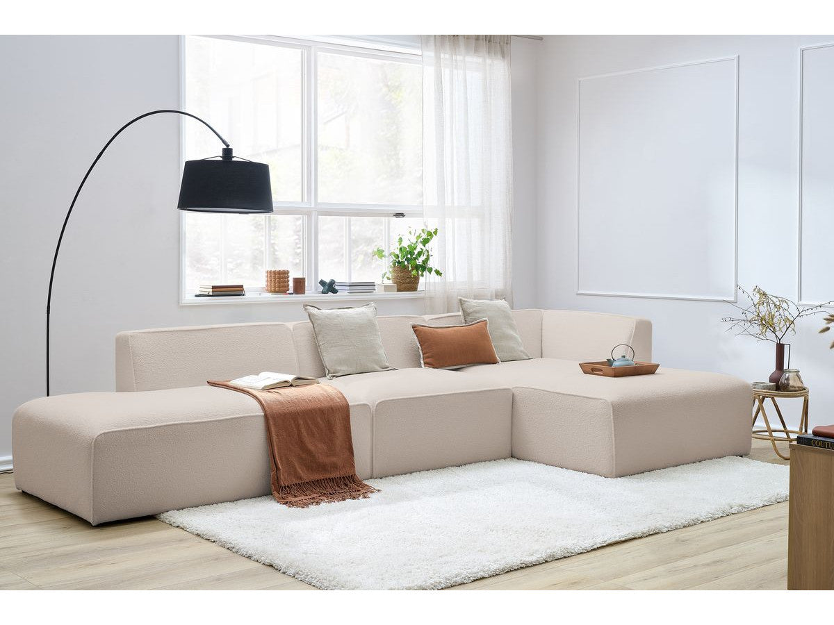 Modulaire vaste hoekbank MEGEVE bouclé stof met 1 chauffeuse en 1 poef