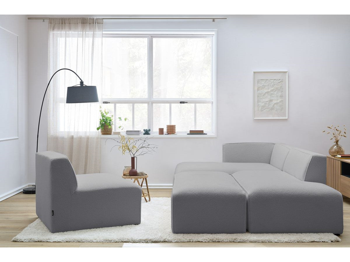 Modulaire vaste hoekbank MEGEVE bouclé stof met 1 chauffeuse en 1 poef