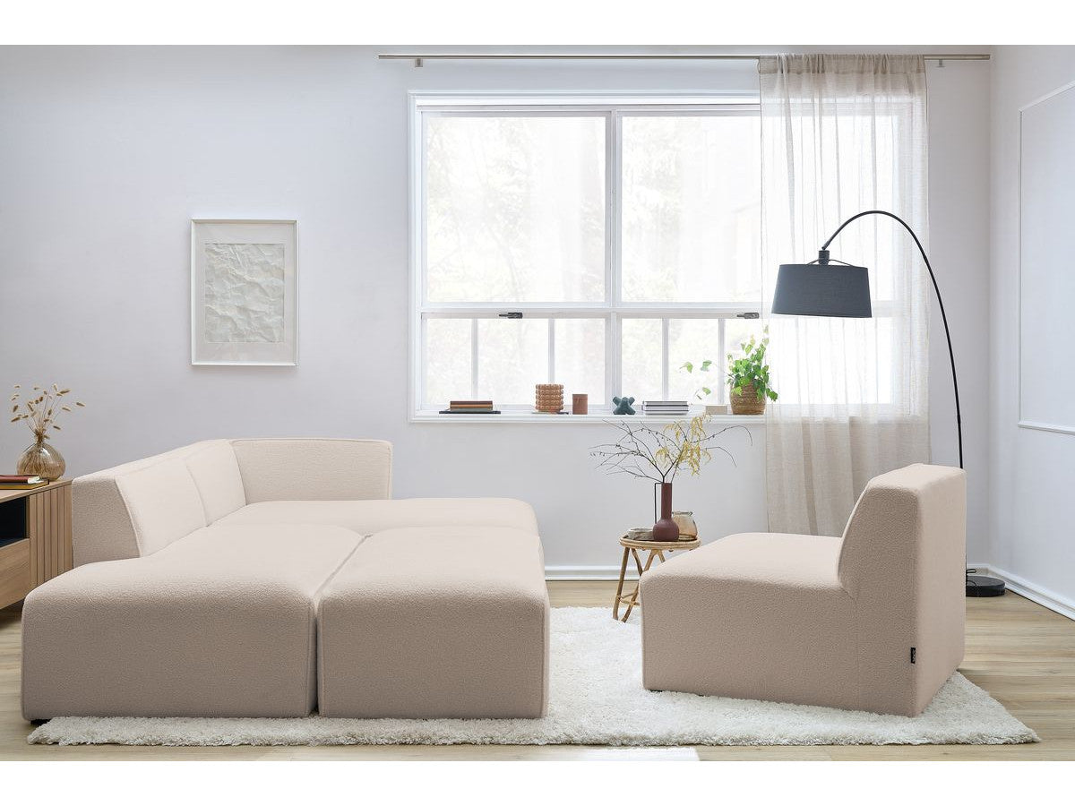 Modulaire vaste hoekbank MEGEVE bouclé stof met 1 chauffeuse en 1 poef