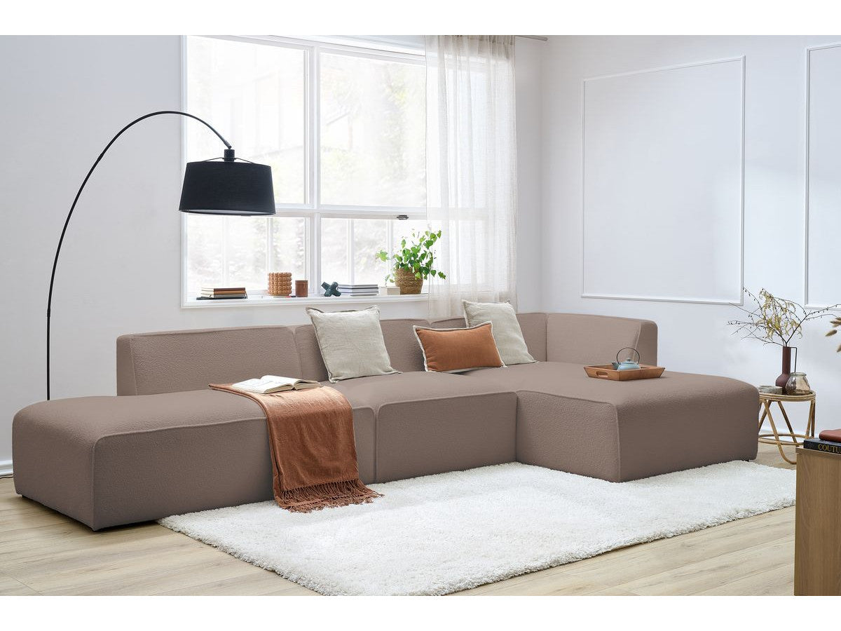 Modulaire vaste hoekbank MEGEVE bouclé stof met 1 chauffeuse en 1 poef
