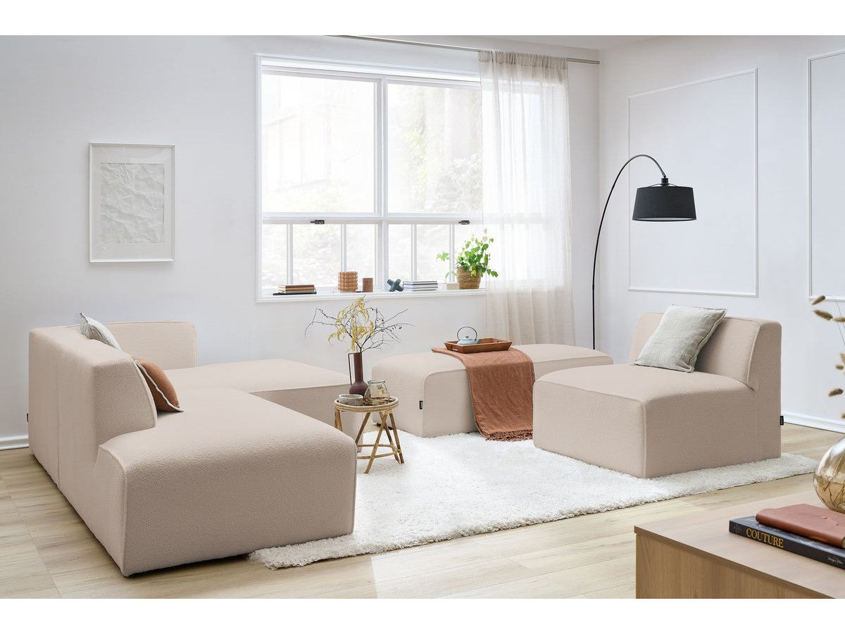 Modulaire vaste hoekbank MEGEVE bouclé stof met 1 chauffeuse en 1 poef