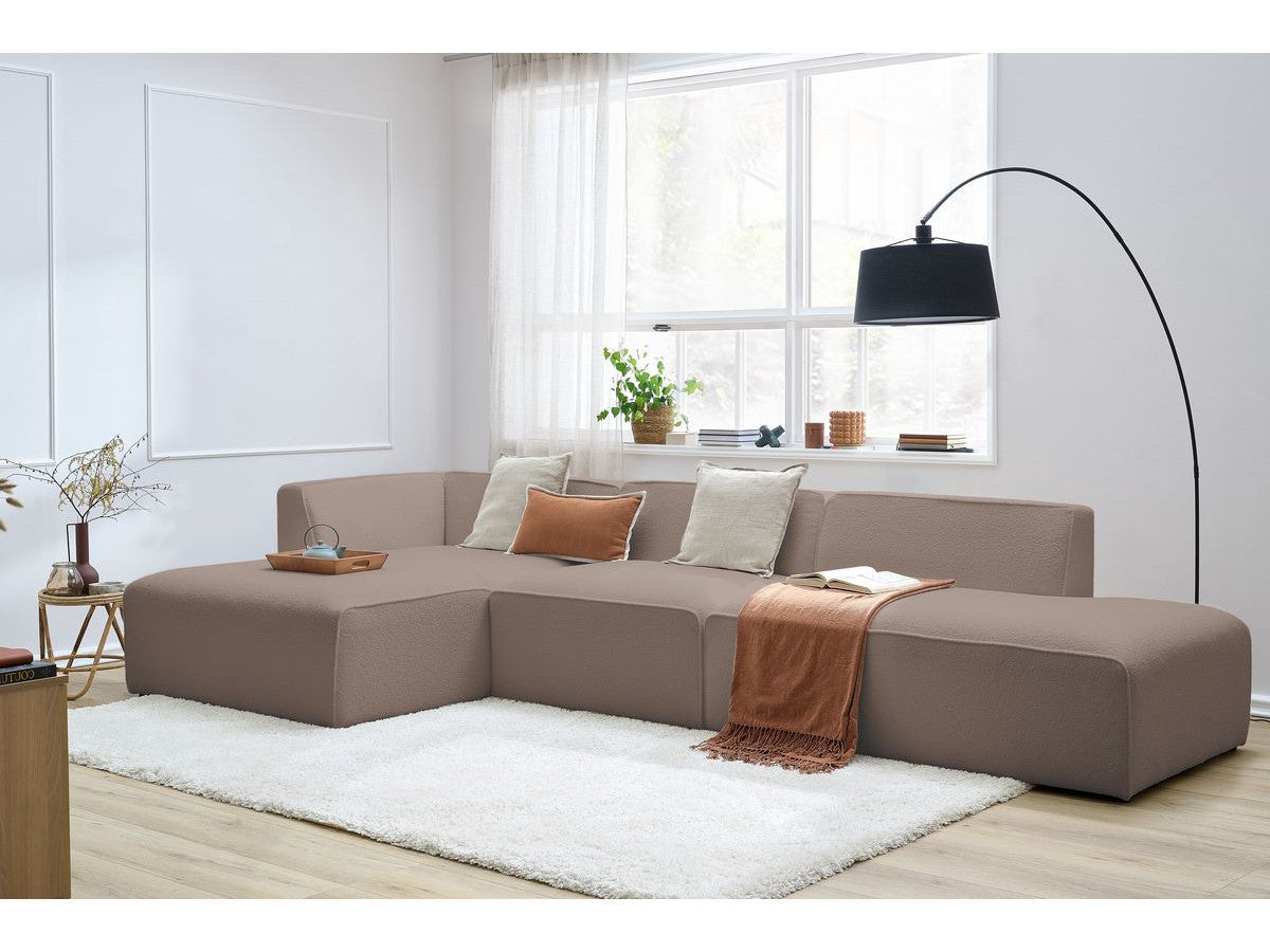 Modulaire vaste hoekbank MEGEVE bouclé stof met 1 chauffeuse en 1 poef