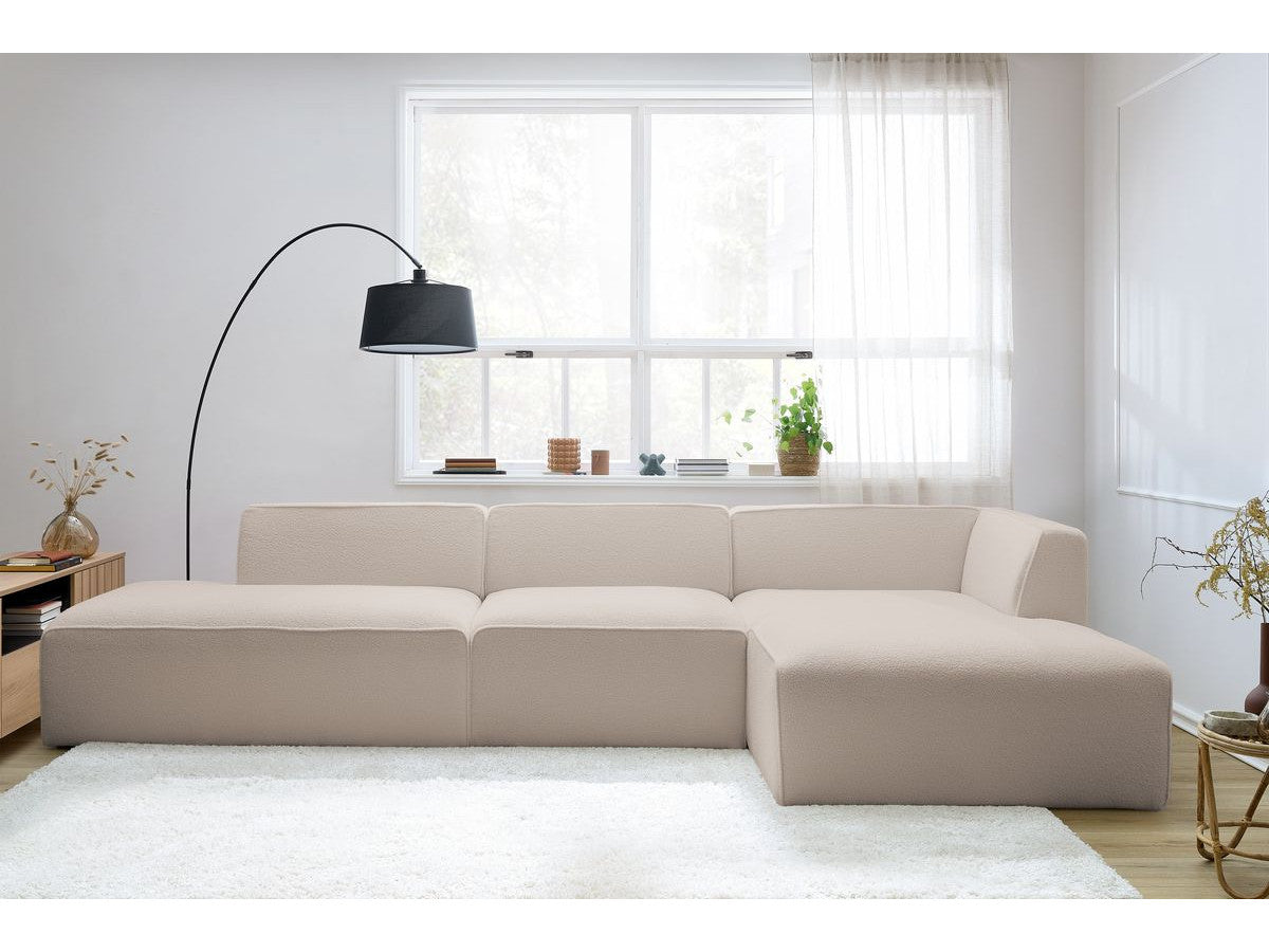 Modulaire vaste hoekbank MEGEVE bouclé stof met 1 chauffeuse en 1 poef