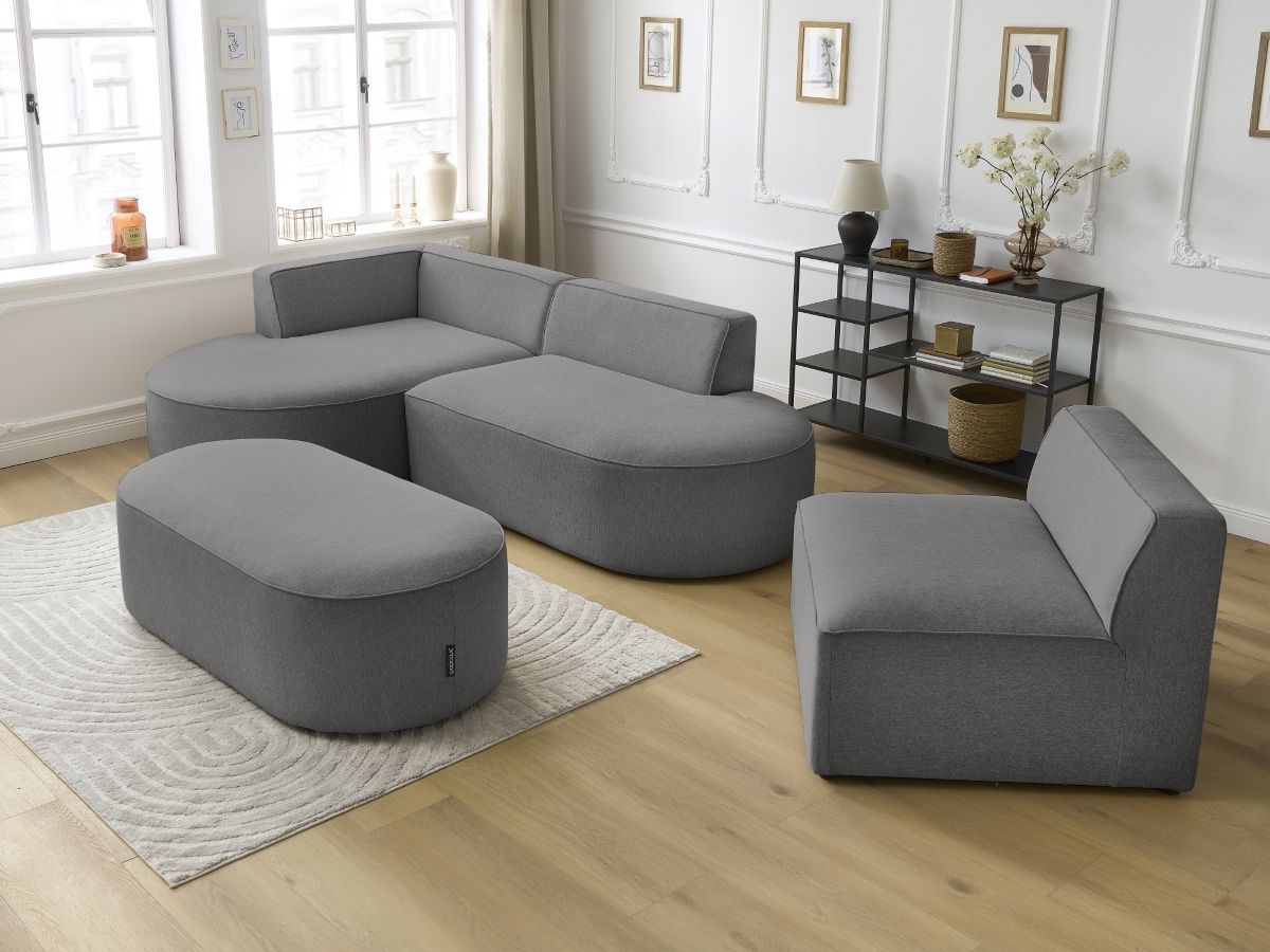 Vaste hoekbank ROUSSEAU in gemêleerde stof met 1 chaise longue en 1 poef