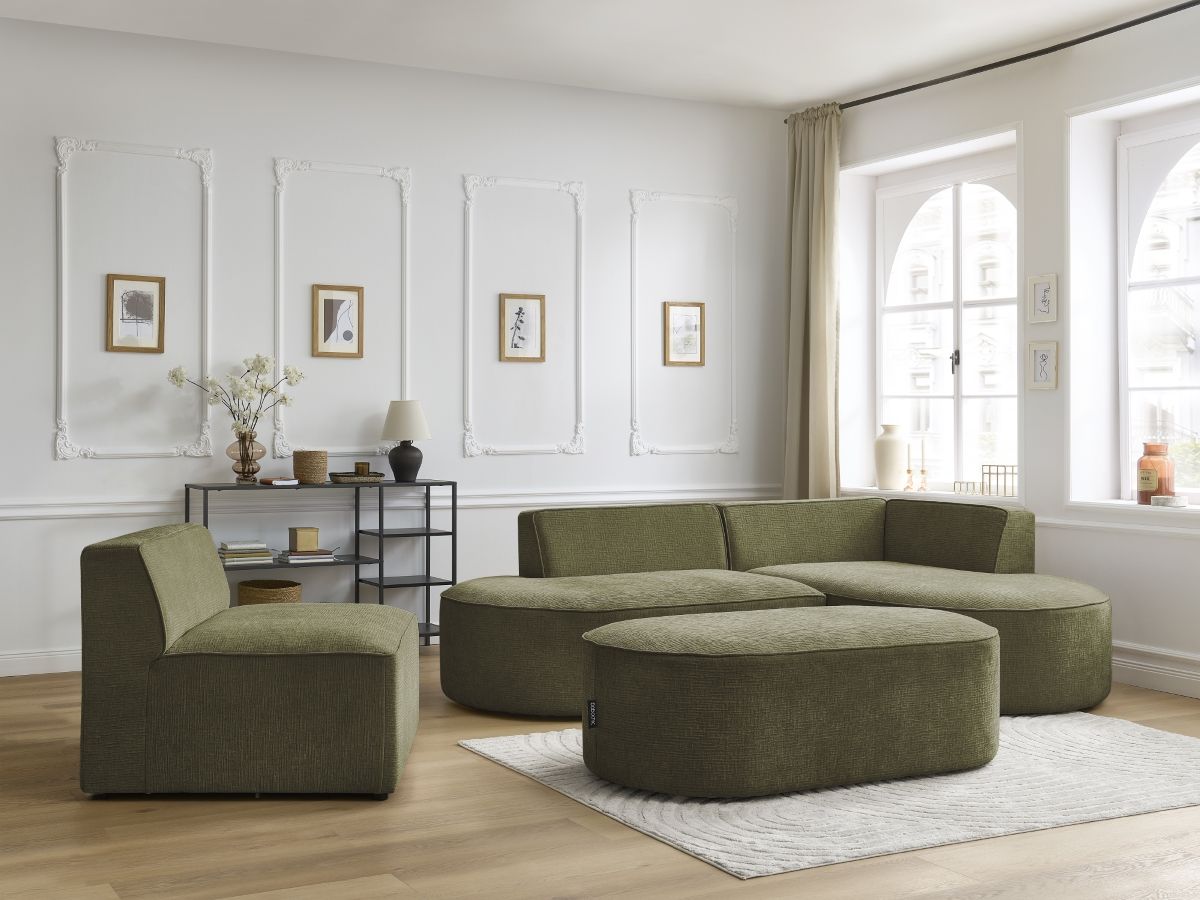 Vaste hoekbank ROUSSEAU met textuurstof met 1 chaise longue en 1 poef