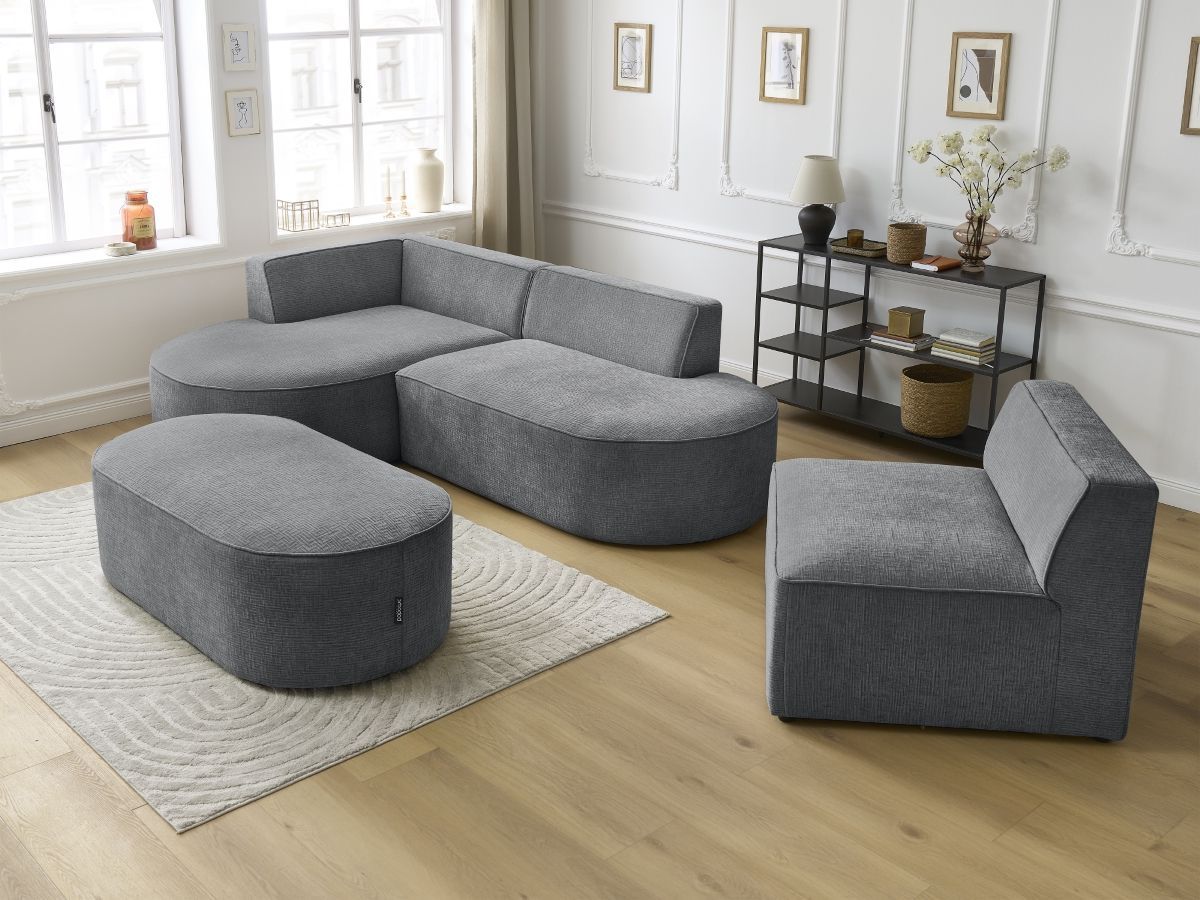 Vaste hoekbank ROUSSEAU met textuurstof met 1 chaise longue en 1 poef