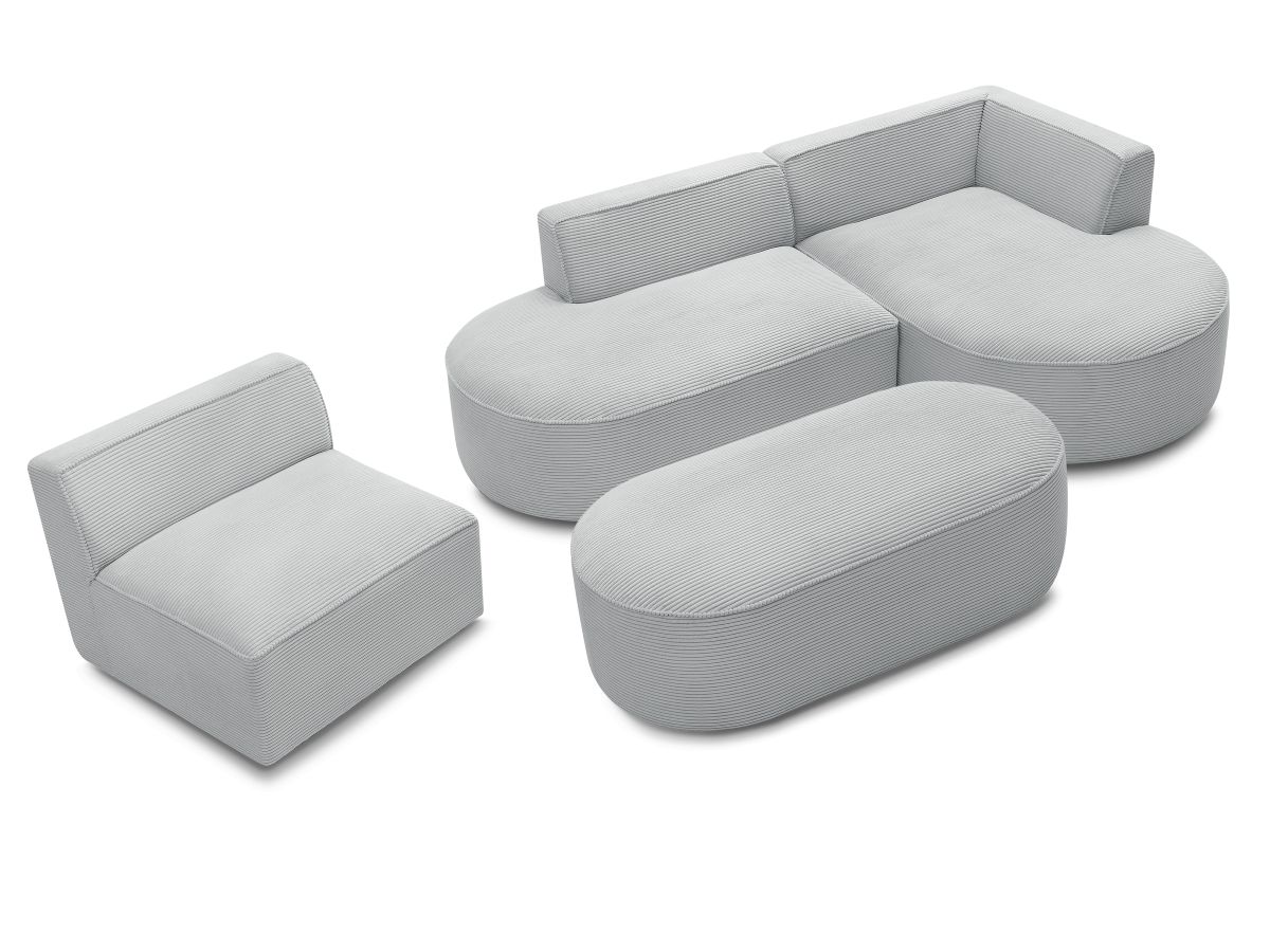 Vaste hoekbank ROUSSEAU in ribfluweel met 1 chaise longue en 1 poef