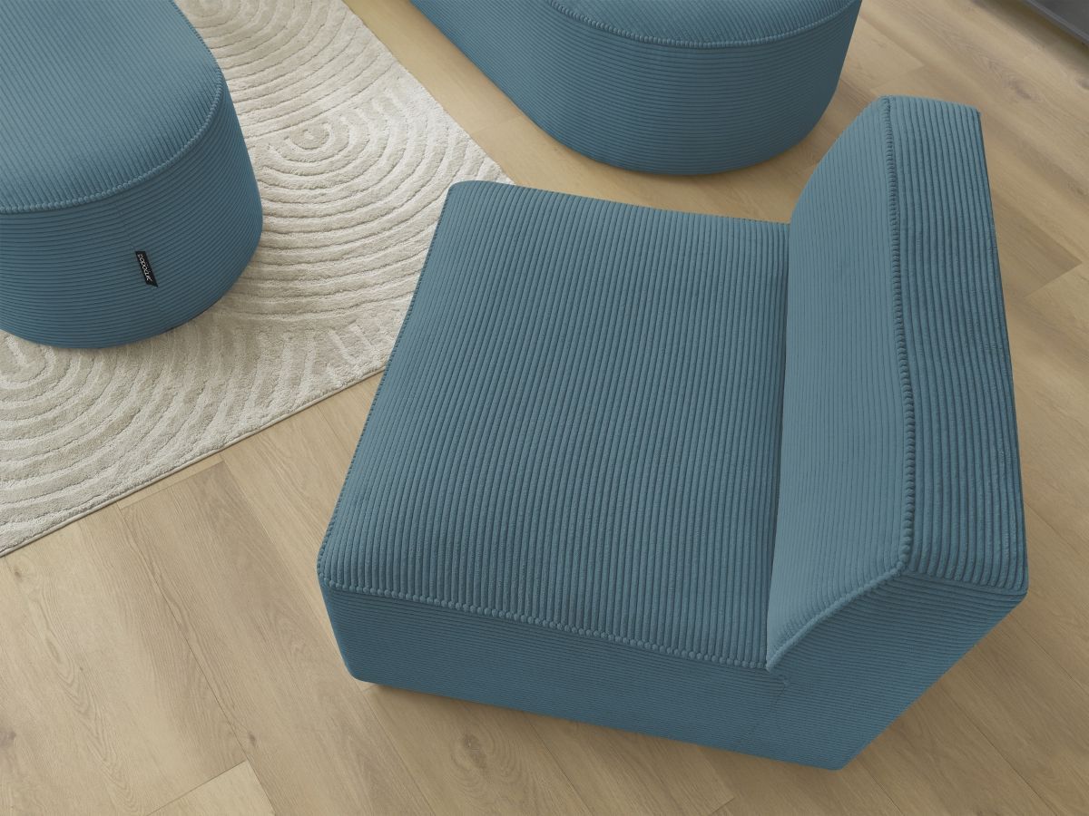 Vaste hoekbank ROUSSEAU in ribfluweel met 1 chaise longue en 1 poef