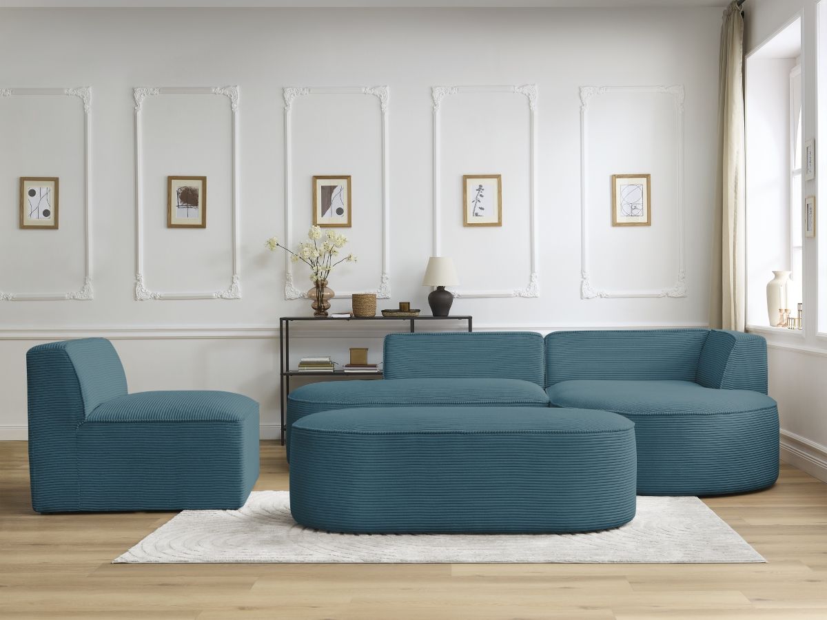 Vaste hoekbank ROUSSEAU in ribfluweel met 1 chaise longue en 1 poef