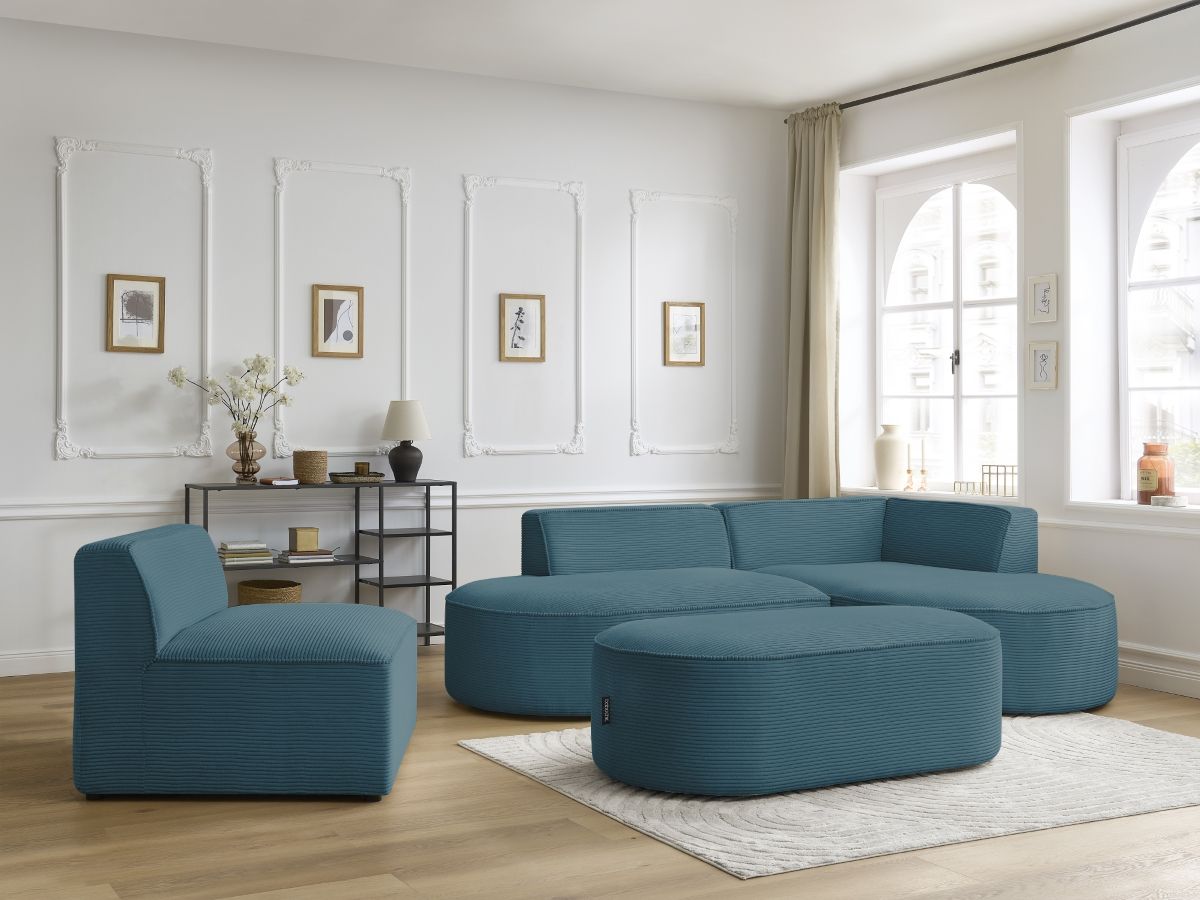 Vaste hoekbank ROUSSEAU in ribfluweel met 1 chaise longue en 1 poef