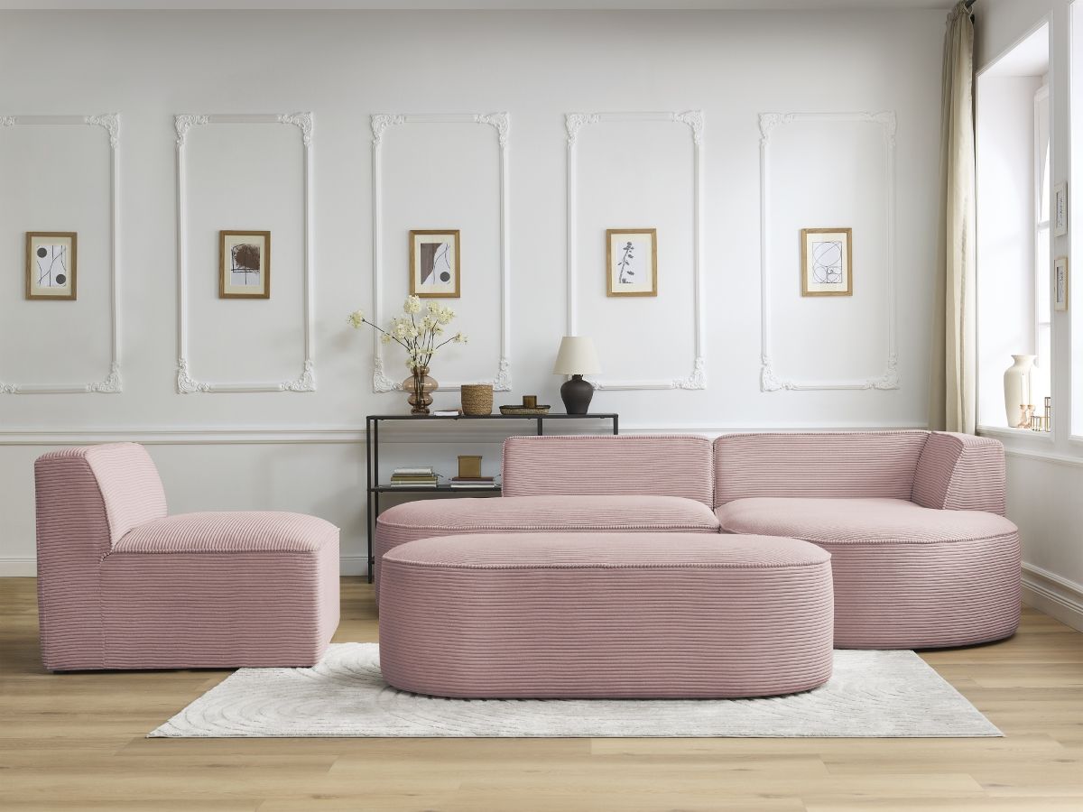 Vaste hoekbank ROUSSEAU in ribfluweel met 1 chaise longue en 1 poef