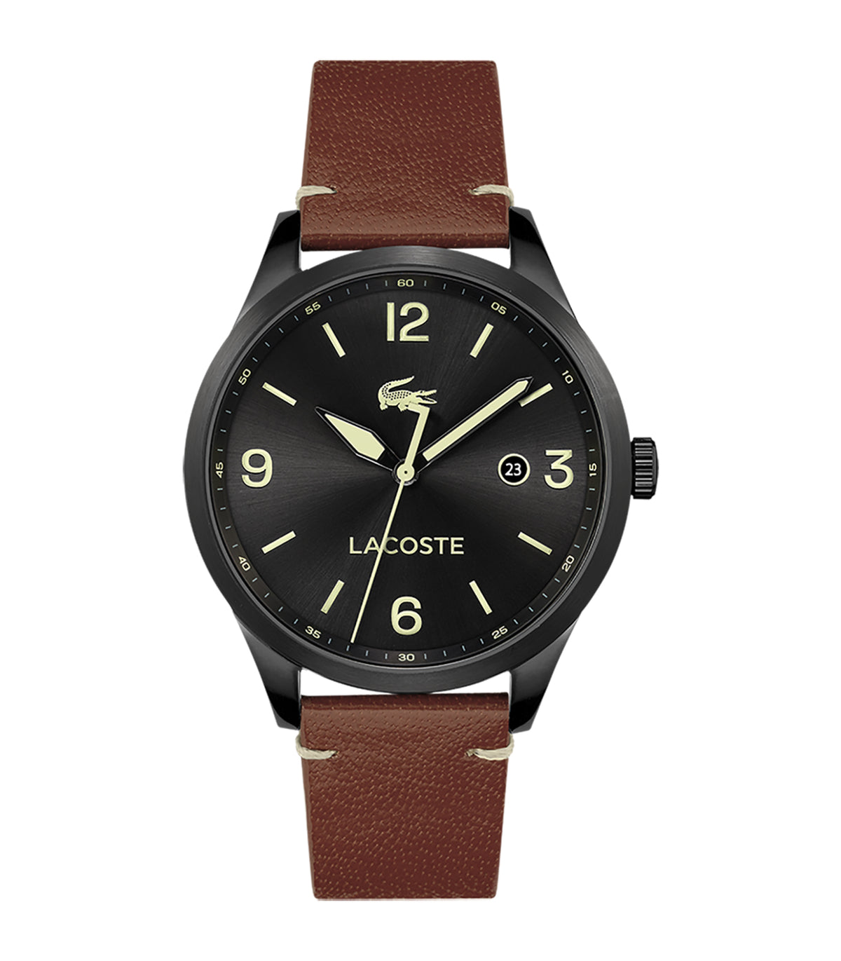 Lacoste - Classic Elegance - Man - Bruine Lederen Band - Zwarte Pvd Kast - Zwarte Wijzerplaat