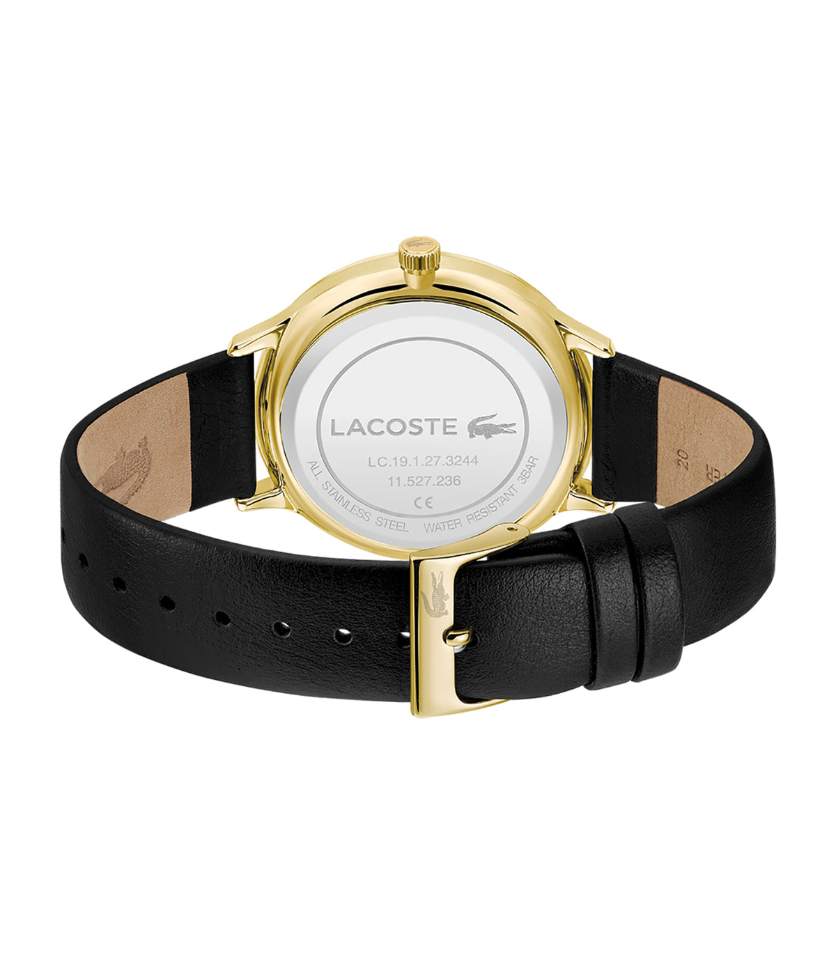 Lacoste - Classic Elegance - Man - Zwarte Leren Band - Geelgouden Kast - Witte Wijzerplaat