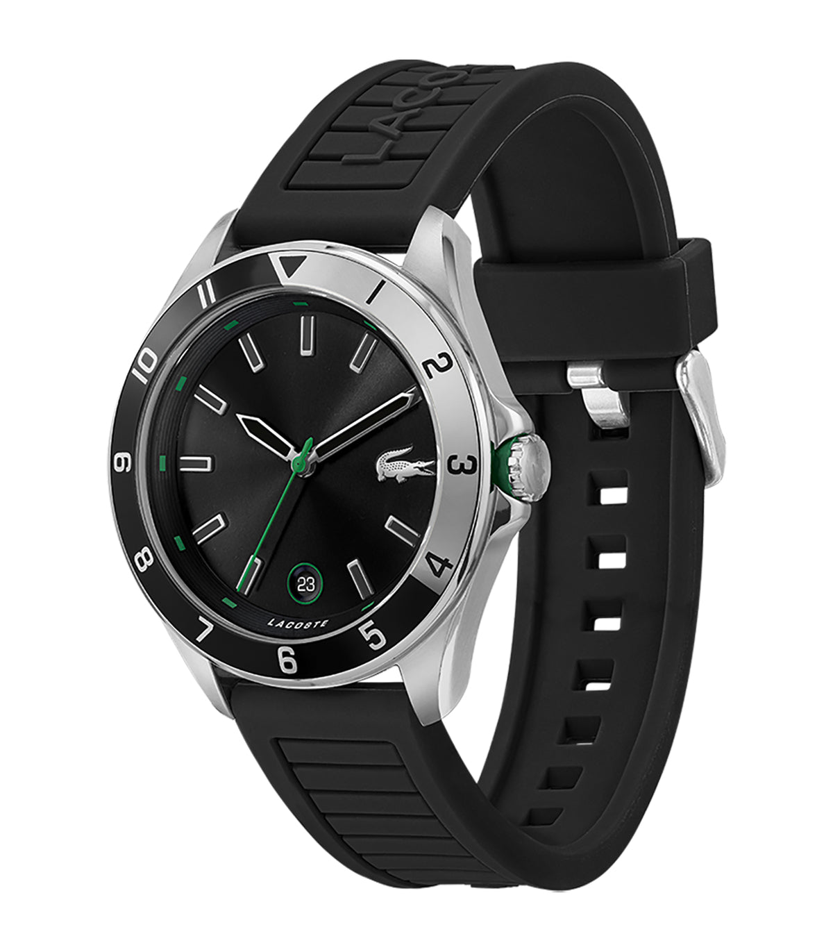 Lacoste - Sport Inspired - Man - Zwarte Armband - Zwarte Wijzerplaat - Zilveren Kast