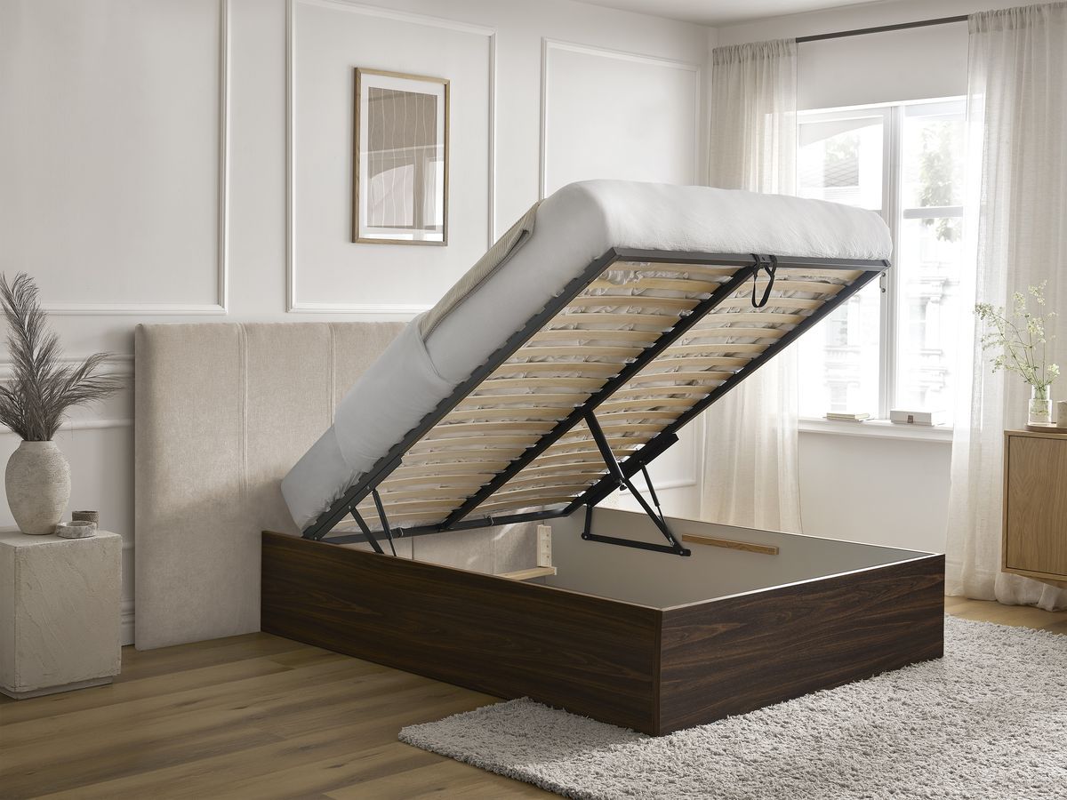 Lit coffre ALTIRA en bois foncé et tissu texturé