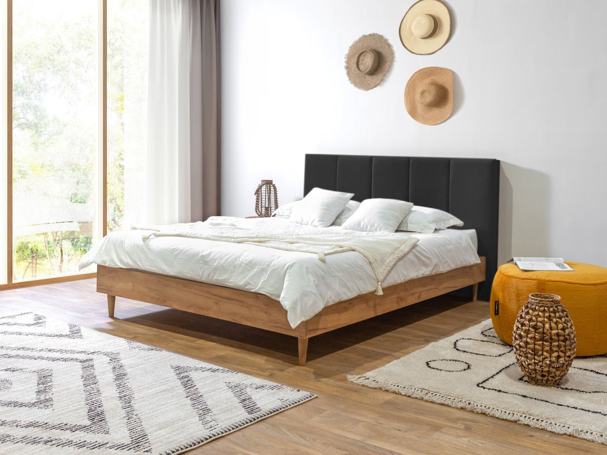 OLYMPE bed met hoofdeinde met opbergruimte, massieve latten en poten van natuurlijk hout