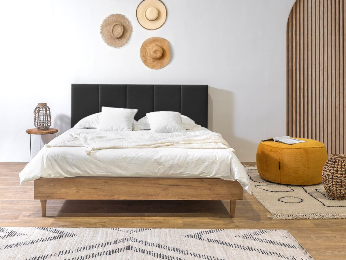 OLYMPE bed met hoofdeinde met opbergruimte, massieve latten en poten van natuurlijk hout