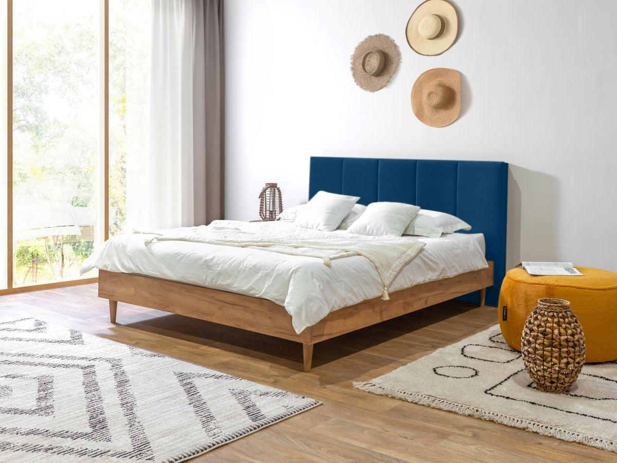 OLYMPE bed met hoofdeinde met opbergruimte, massieve latten en poten van natuurlijk hout