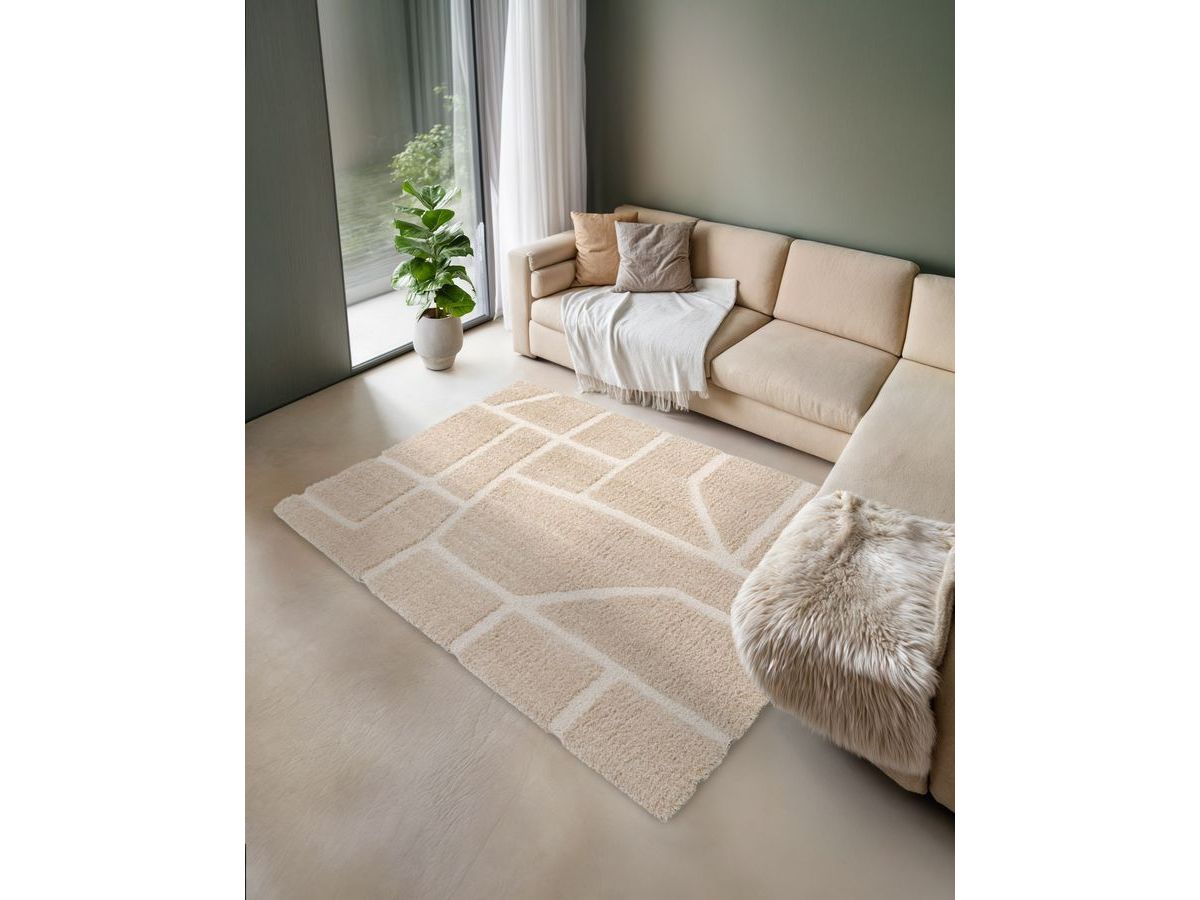 Tapis poils longs MARINA motif graphique - Beige